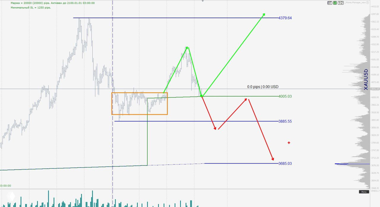 График XAU/USD (золото) с тестом объёмов на уровне 4005 и обозначенными сценариями роста и падения цветными линиями и целями.