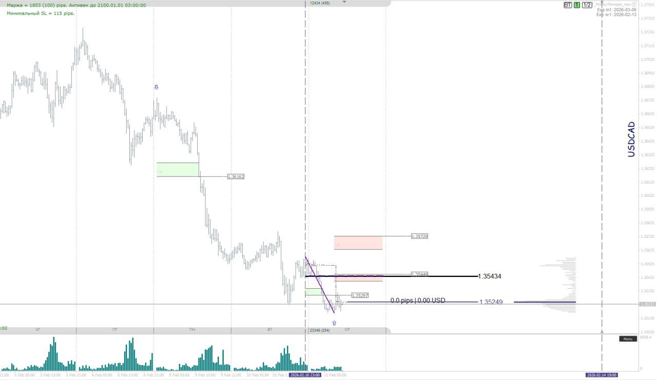 График USD/CAD с нисходящим импульсом в продажах, отметкой уровня объема остановки около 1.35250 и ключевым уровнем баланса дня для ожидания сходимости.