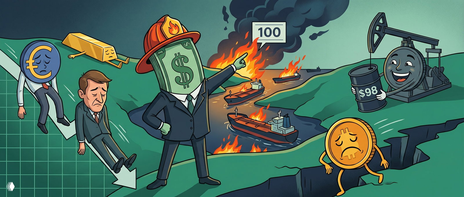 DXY целит в 100: Ормуз перекрыт, удары наносятся