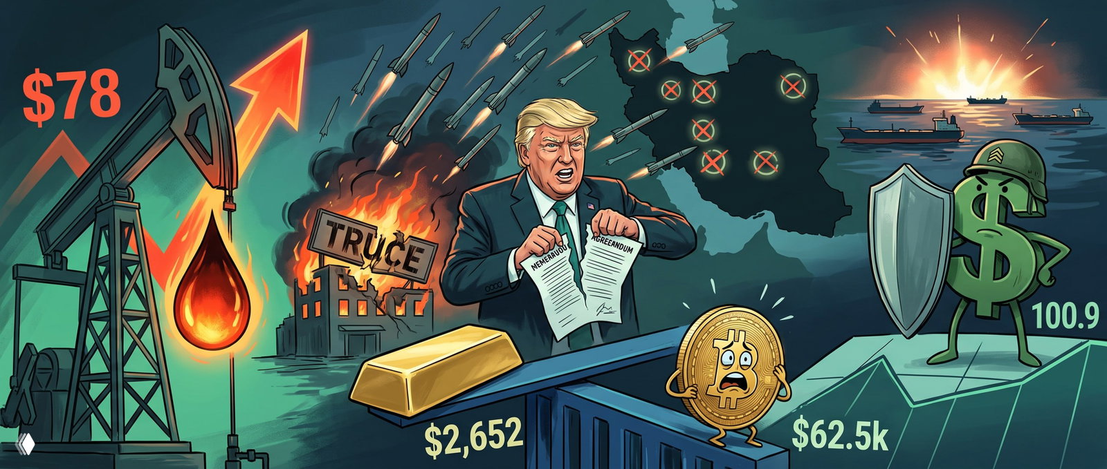 Карикатурная сцена: Трамп на фоне ударов по Ирану, нефтяная вышка с каплей, рост Brent, доллар как щит и графики рынка