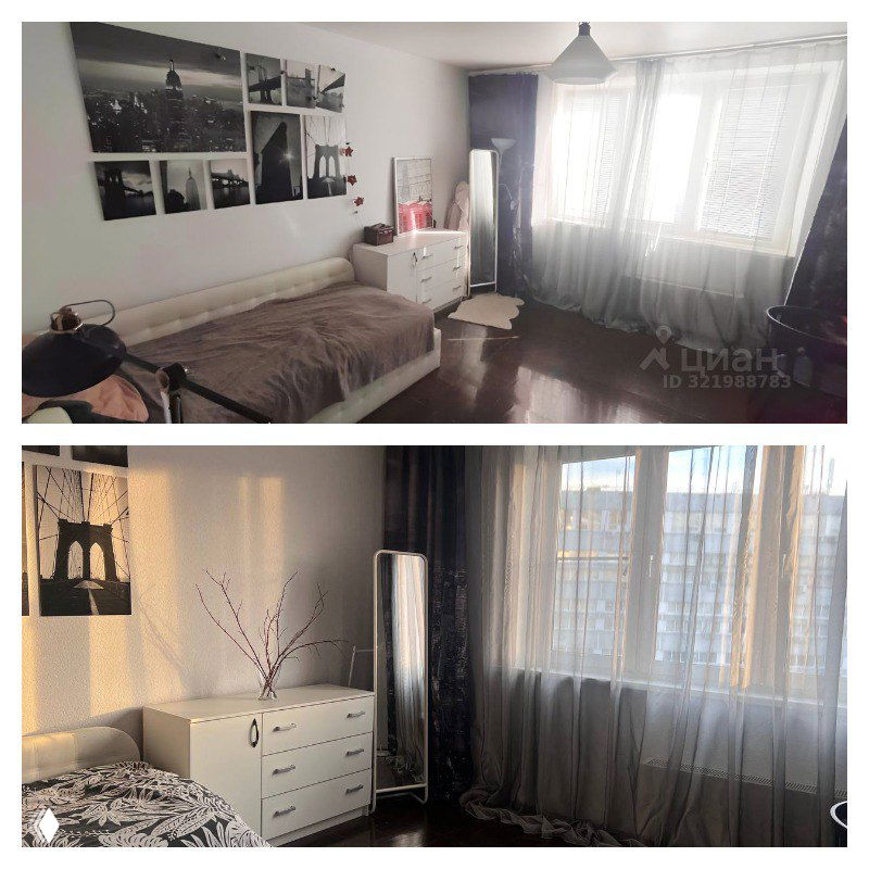 Фотомонтаж комнат: подготовленная комната с прозрачными шторами, комодом и минималистичным декором, показывающая эффект стилизованной подачи жилья.