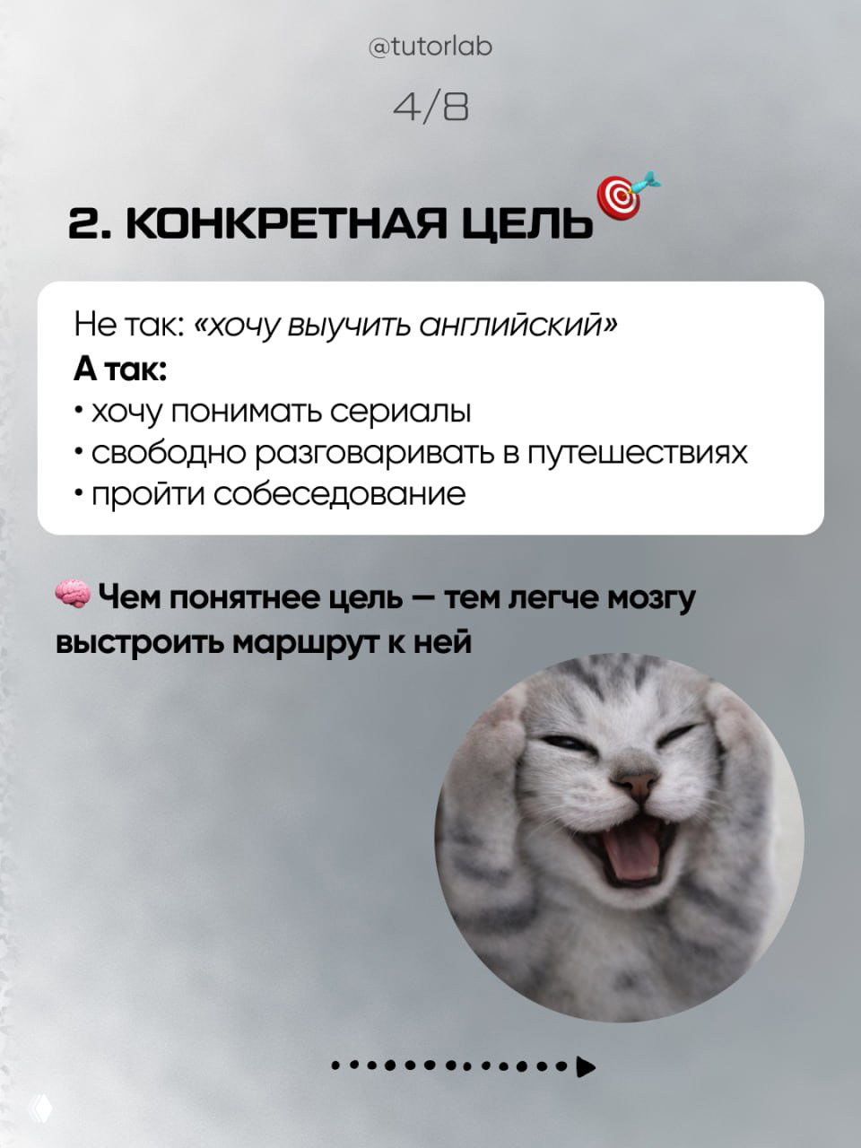 Сторис про конкретную цель изучения английского с примерами целей и круглым фото смеющегося кота на сером фоне.