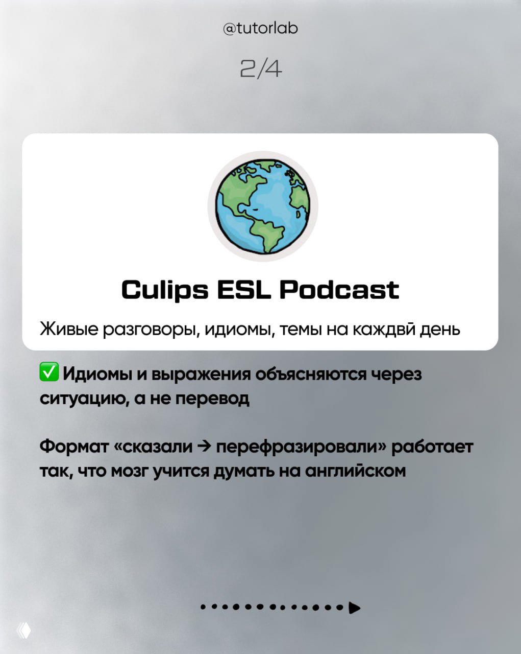 Слайд с карточкой Culips ESL Podcast, иконкой глобуса и текстом про живые разговоры, идиомы и объяснение выражений через ситуацию.
