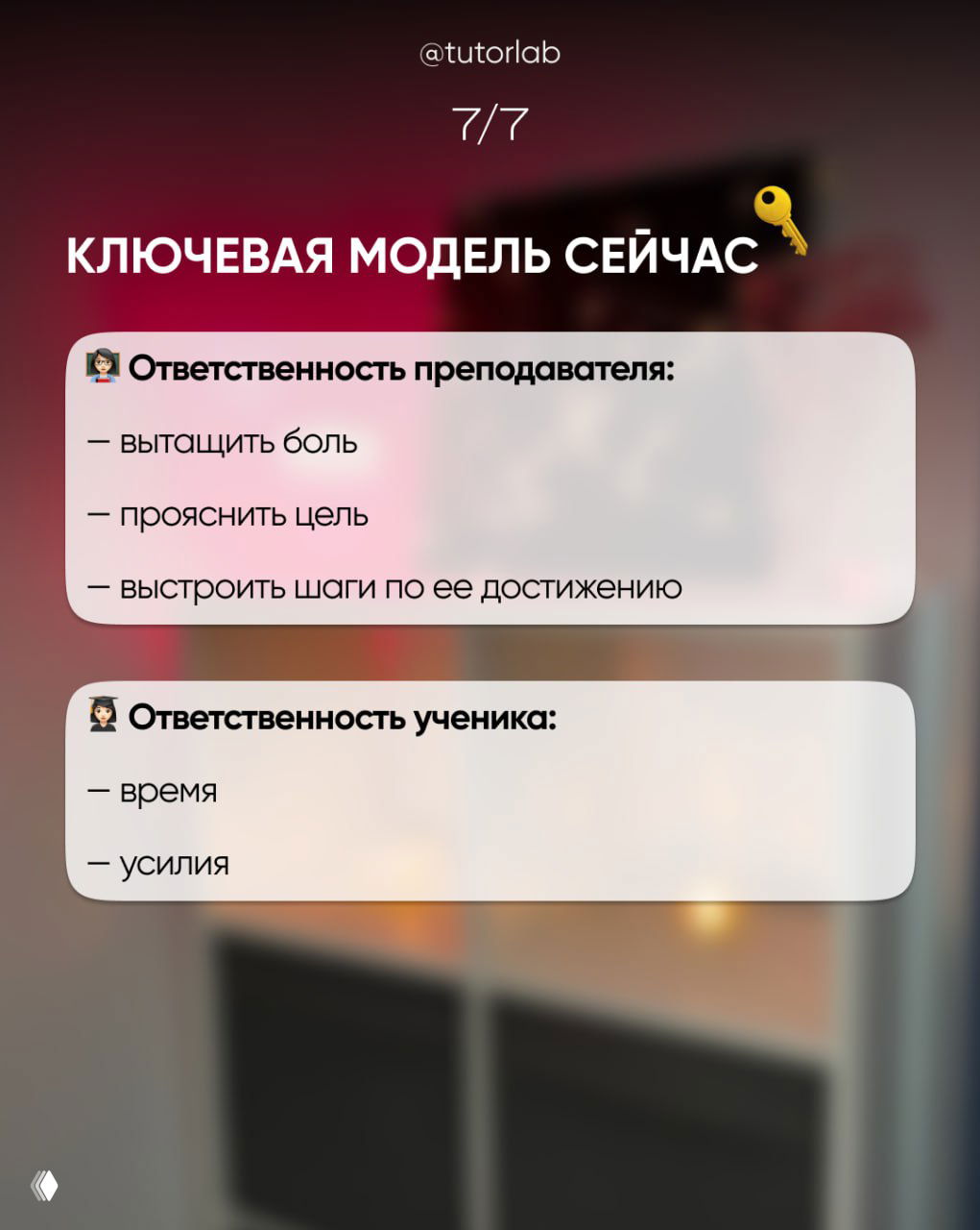 Слайд 7/7: модель ответственности преподавателя и ученика — роли и шаги для построения продукта, который продаётся круглый год.