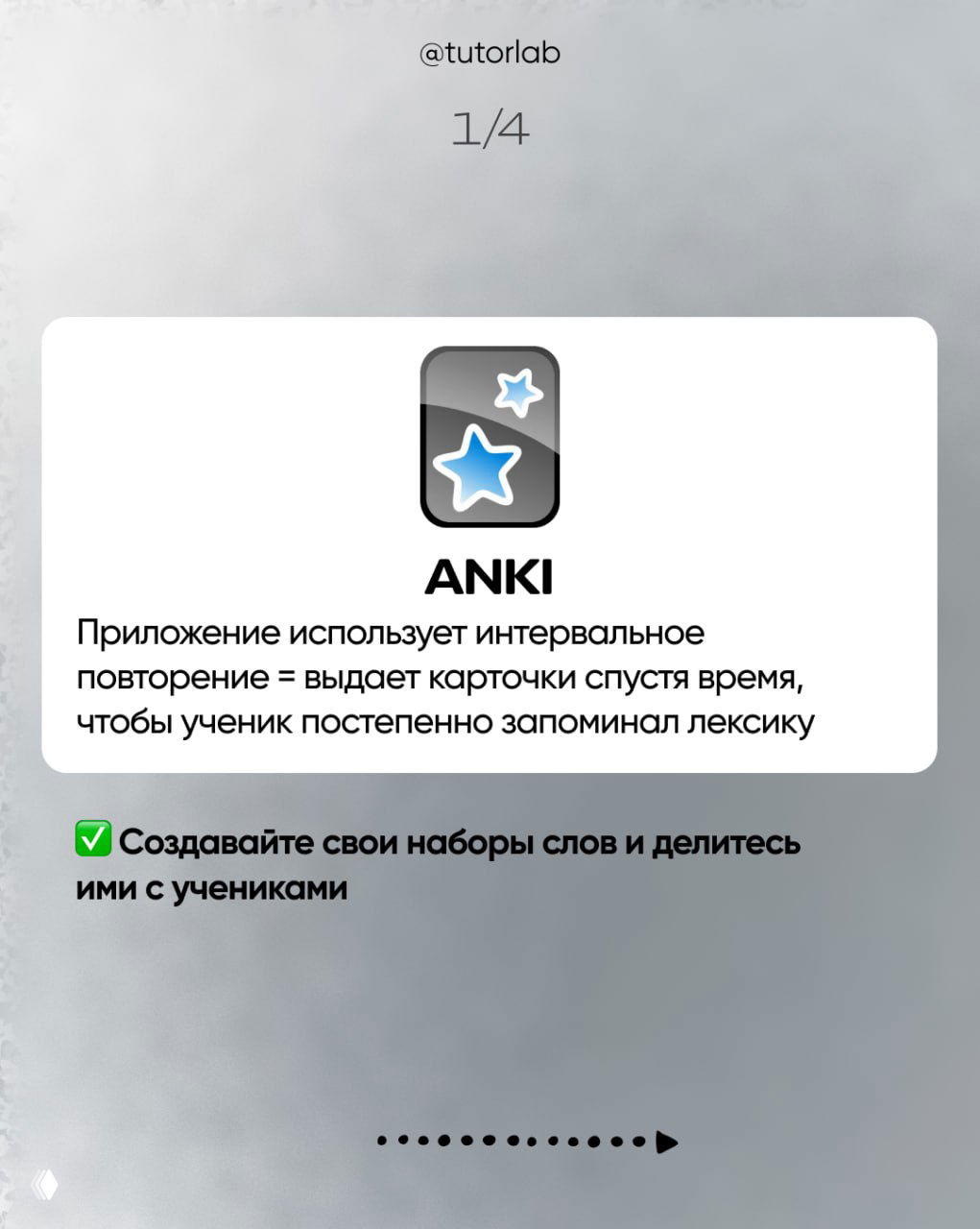 Слайд про ANKI: логотип приложения и текст о интервальном повторении, рекомендация создавать наборы карточек и делиться ими с учениками.