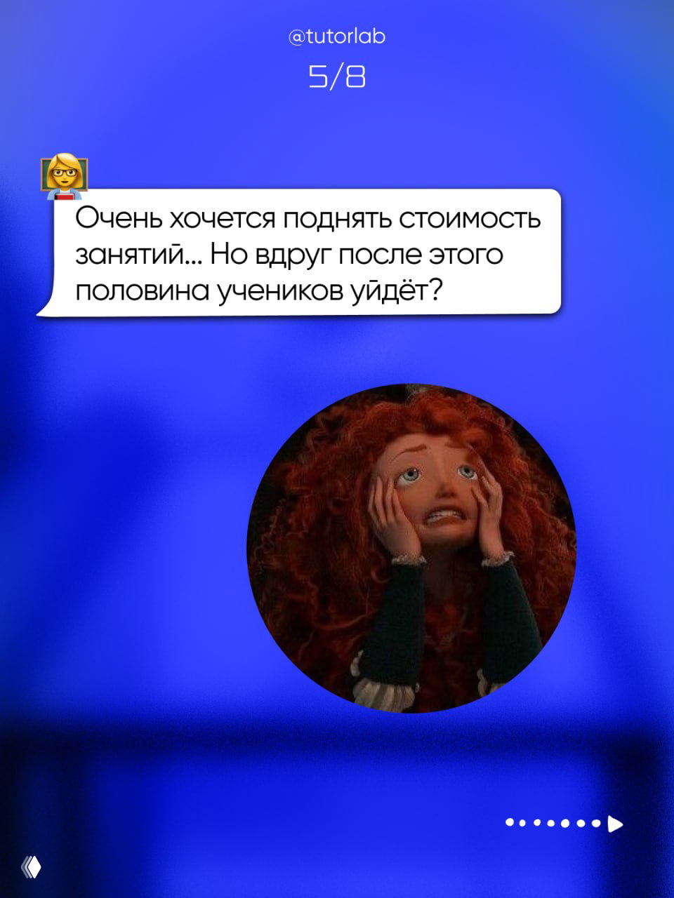 Слайд с сообщением о желании поднять стоимость занятий и круговым аватаром персонажа из мультфильма с выражением паники.