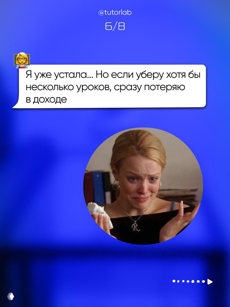 Чат-бабл «Я уже устала...» и круговой аватар с плачущей актрисой — визуализация перегруза и страха потери дохода при сокращении уроков.