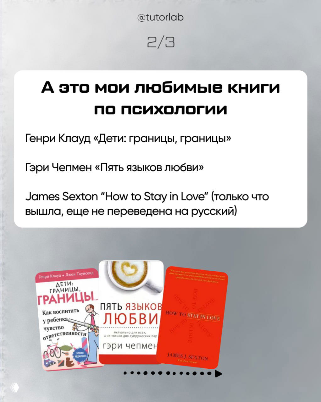 Слайд с заголовком о любимых книгах по психологии: Генри Клауд, Гэри Чепмен и James Sexton, с миниатюрами обложек