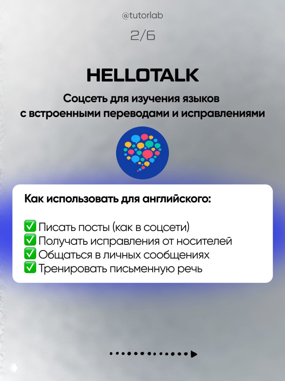Слайд 2/6: HelloTalk — логотип и подсказки: писать посты, получать исправления от носителей, общаться в личных сообщениях и тренировать письмо.