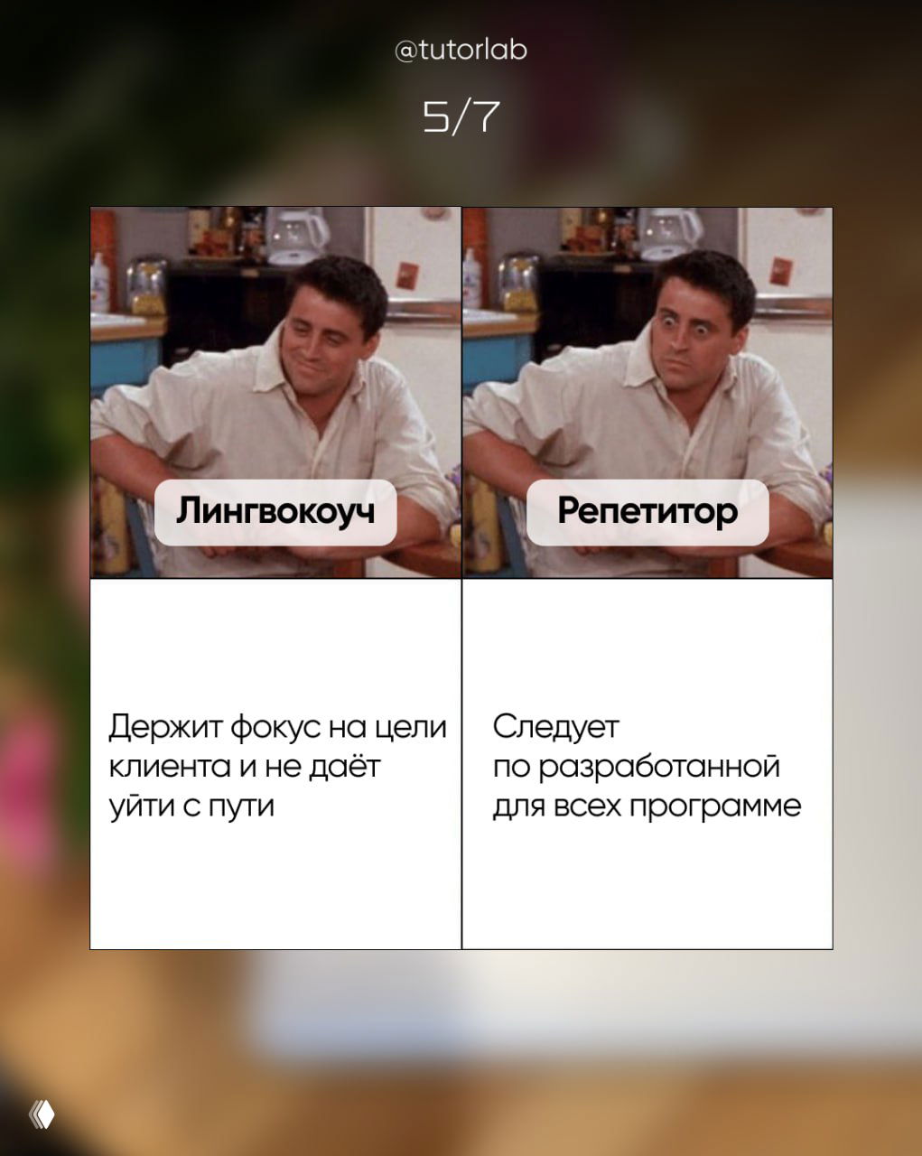 Слайд 5: сравнение фокуса на цели клиента у лингвокоуча и следования стандартной программы у репетитора, визуальная табличная подача.