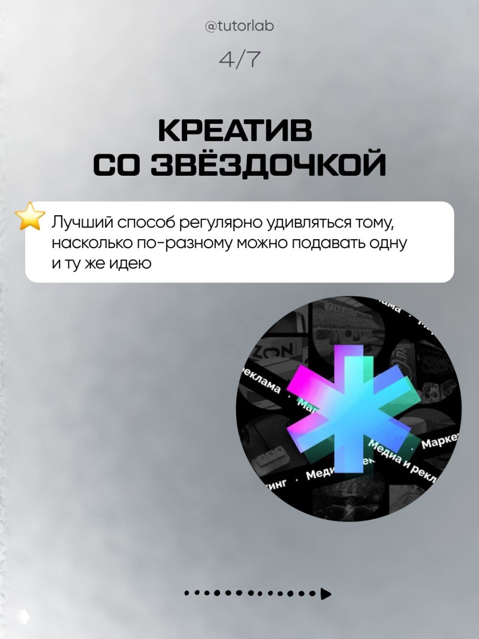 Слайд «Креатив со звёздочкой»: серый фон, крупный заголовок, круглый логотип со звёздочкой и текст о том, как по-разному подавать одну идею.