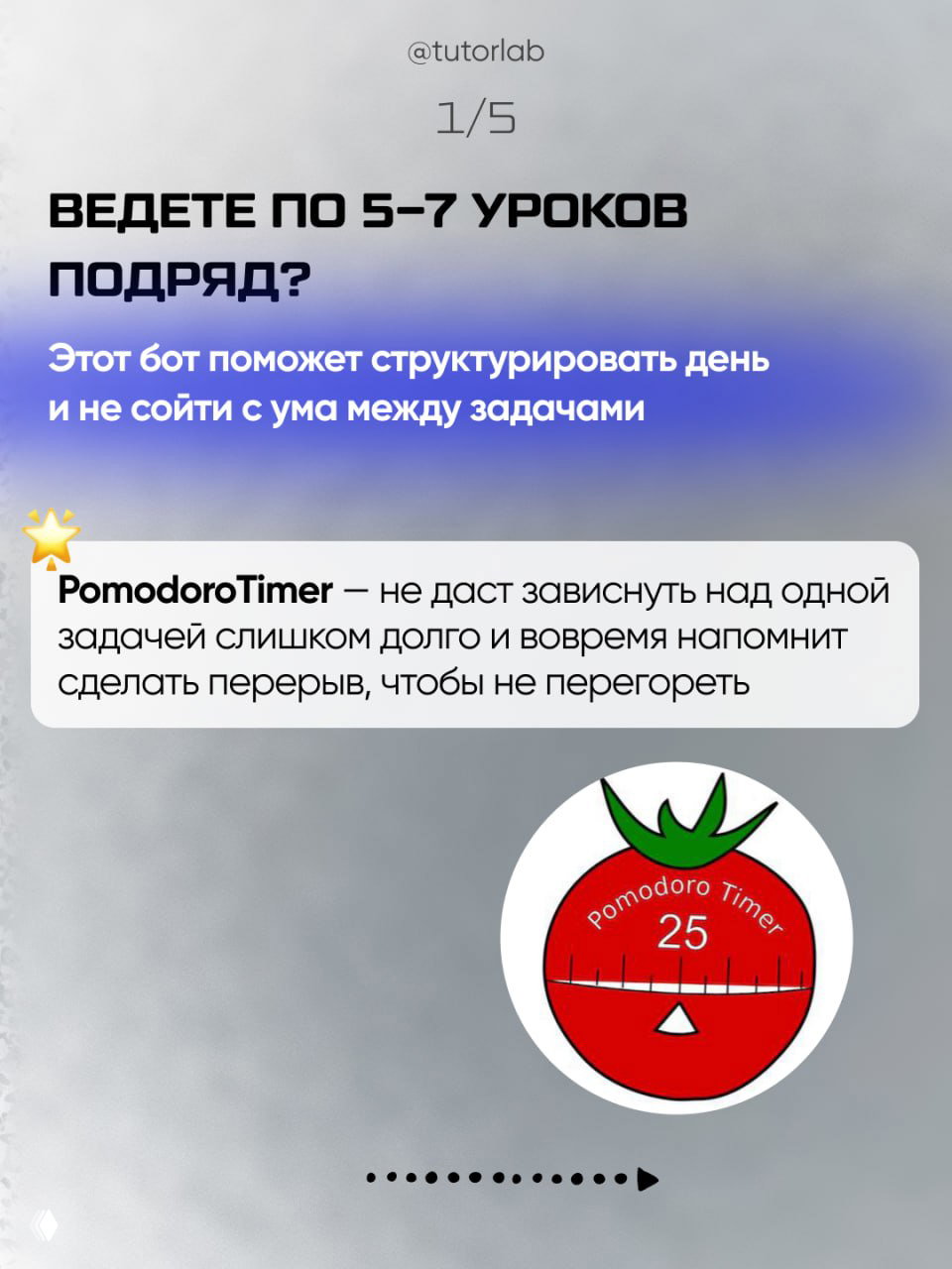 Слайд 1/5 про PomodoroTimer: изображение таймера-помидора, текст о структурировании дня и рекомендации не перегореть при множестве уроков