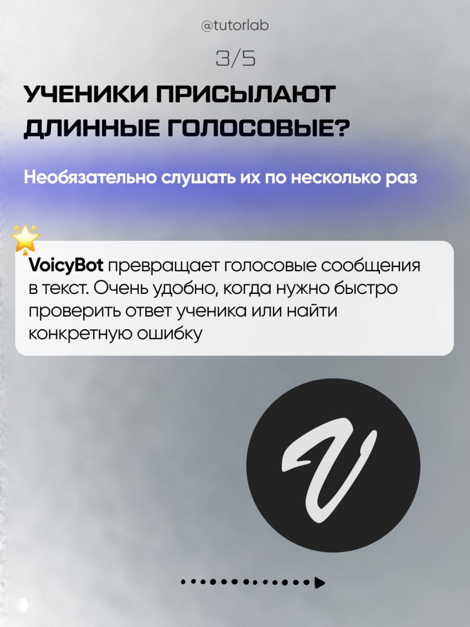 Слайд о VoicyBot: логотип бота и подпись о превращении голосовых сообщений в текст, удобно для быстрой проверки ответов учеников