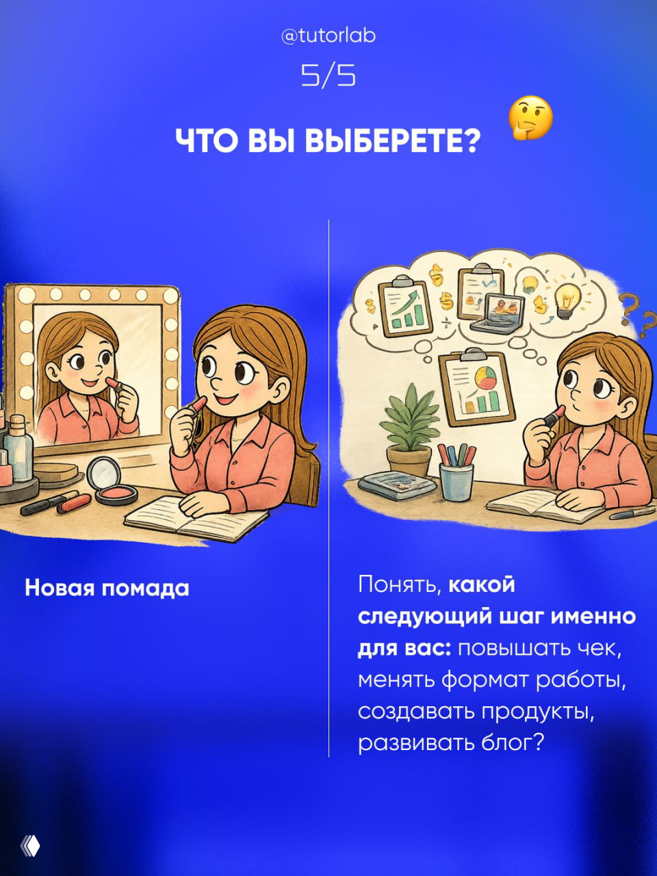 Иллюстрация: слева косметические покупки, справа размышления о следующем шаге в карьере — повышение чека, формат работы или создание продуктов.