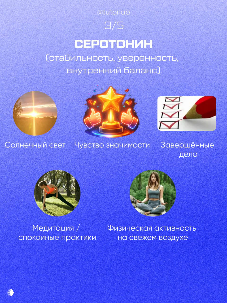 Инфографика про серотонин: стабильность, уверенность и внутренний баланс; изображения солнца, значимости, выполненных задач, медитации и физической активности.