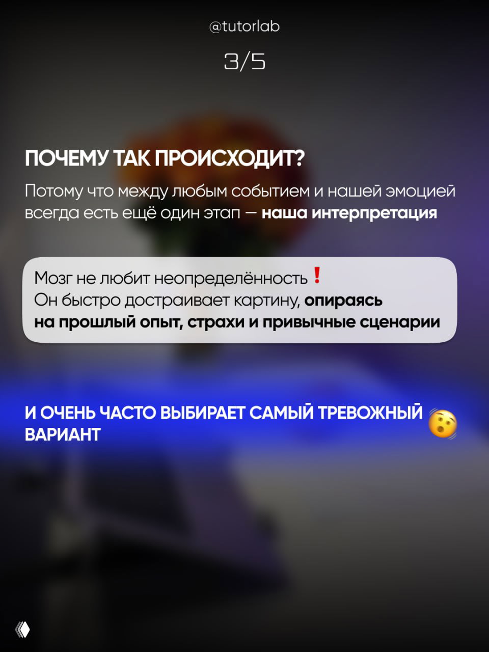 Слайд объясняет, почему мозг выбирает тревожные сценарии; текст и оформленные блоки на размытом фоне рабочего стола.