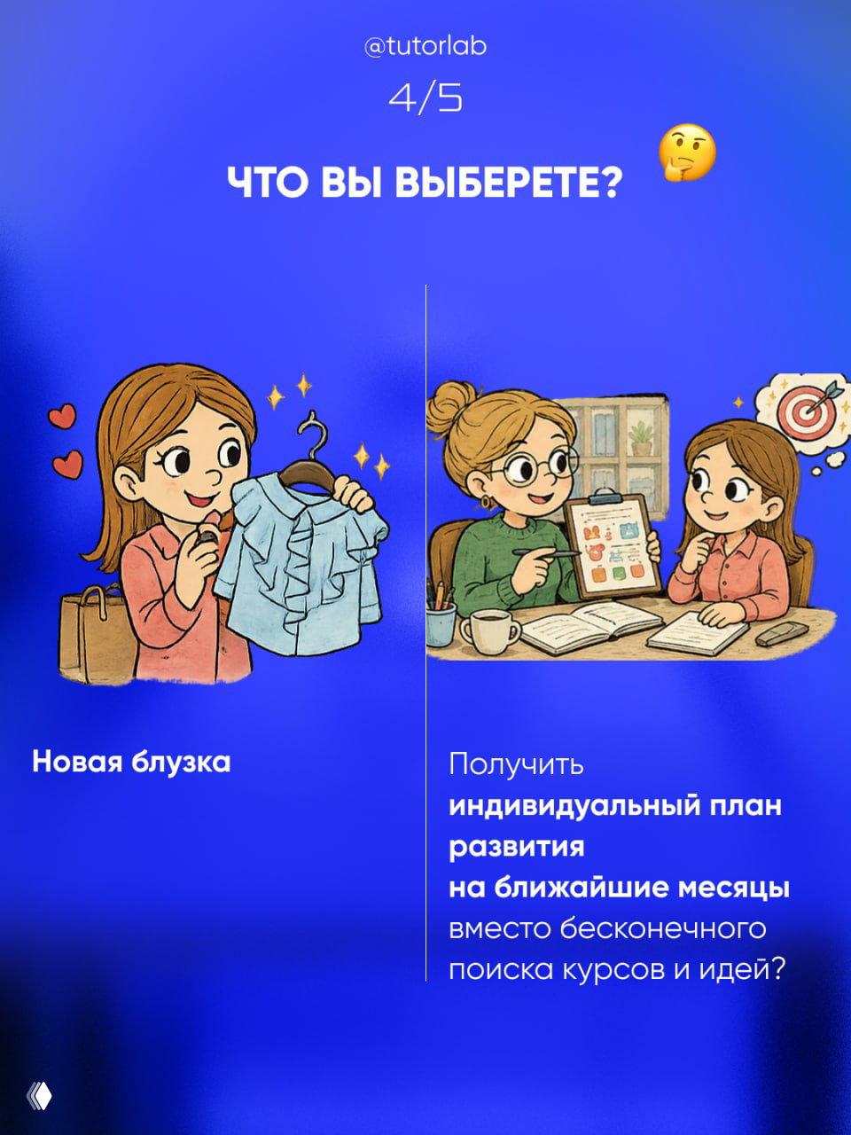 Иллюстрация: слева новая блузка как импульсивная покупка, справа встреча с коучем и план развития на ближайшие месяцы.