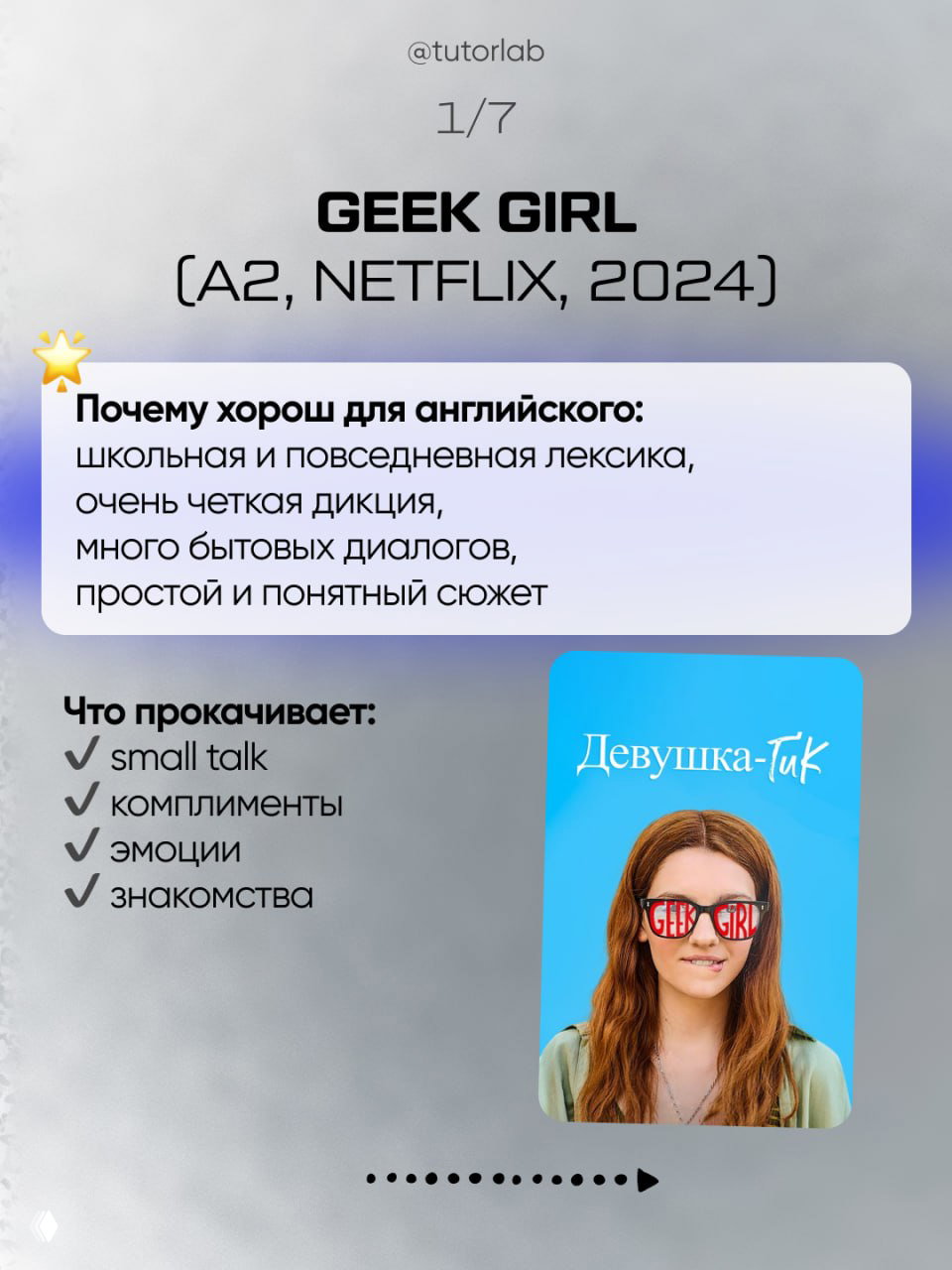 Слайд про сериал «Geek Girl» (A2, Netflix, 2024): блок с пояснением, почему подходит для английского, список прокачиваемых навыков и мини-обложка сериала справа.