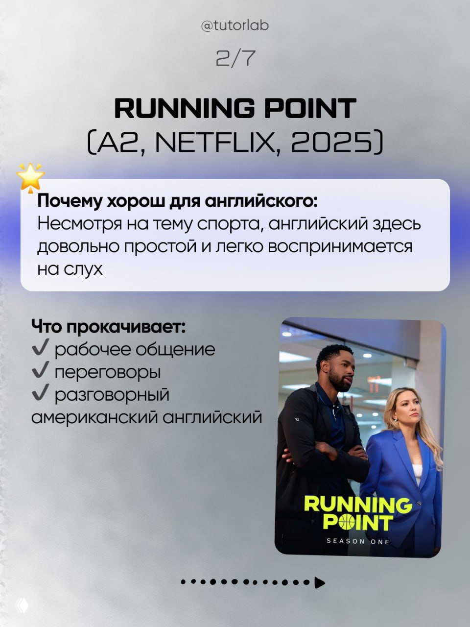 Слайд про «Running Point» (A2, Netflix, 2025): объяснение, что сериал прост для восприятия на слух, и визуал с двумя персонажами справа.