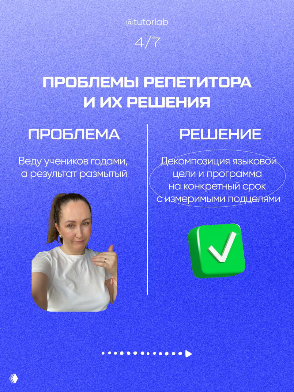 Слайд 4: декомпозиция языковой цели и программа на конкретный срок с измеримыми подцелями, фото автора и иллюстративная галочка.