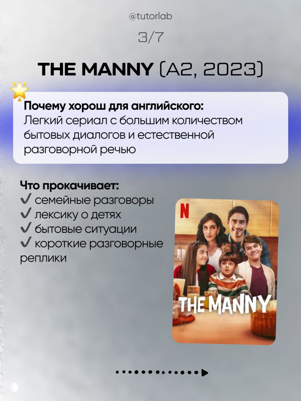 Слайд про «The Manny» (A2, 2023): лёгкий сериал с бытовыми диалогами, чек-лист навыков и постер сериала в правой части с семейной сценой.