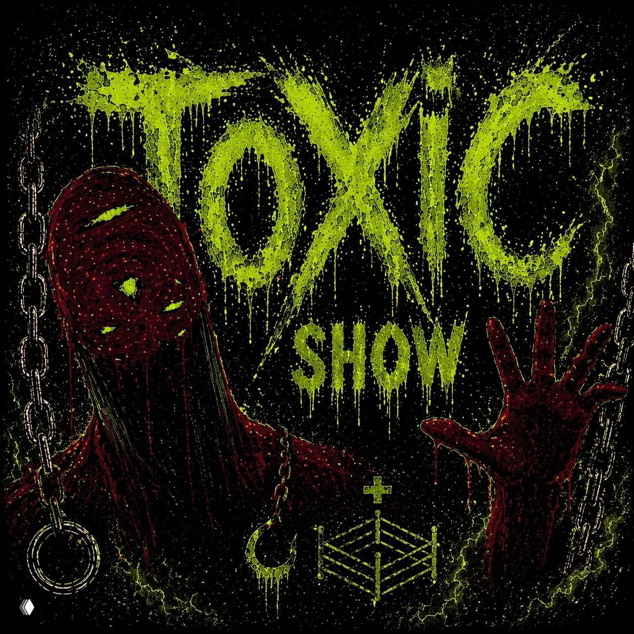 Крупный вариант постера TOXIC SHOW с той же графикой: цепи, крюк и стилизованная зелёная надпись, логотипы групп и указания на шоу.
