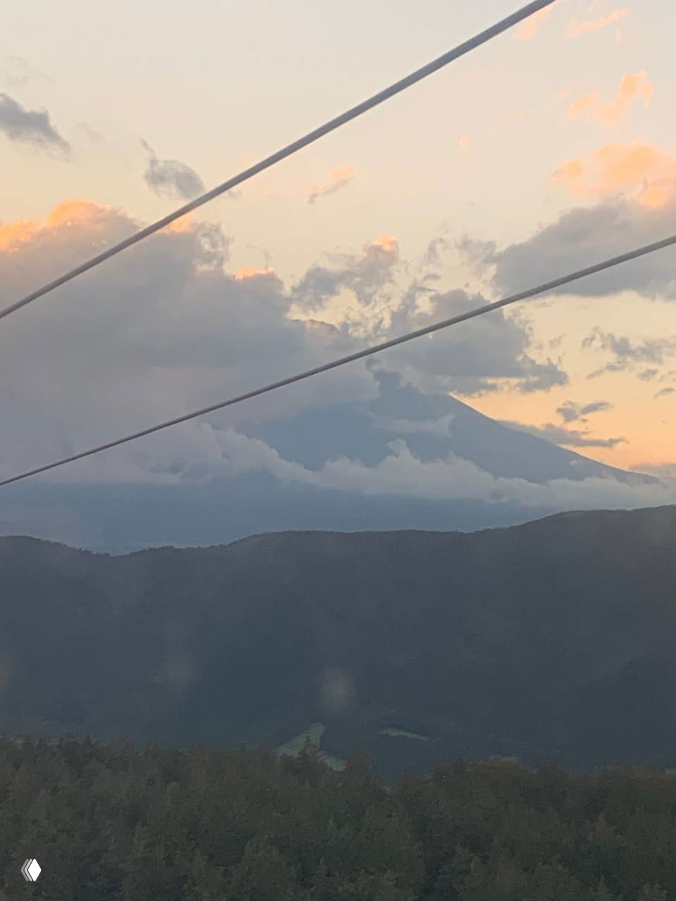 Силуэт Фудзиямы за облаками: классическая форма горы частично скрыта облачностью на закате, вид из окрестностей Хаконэ.