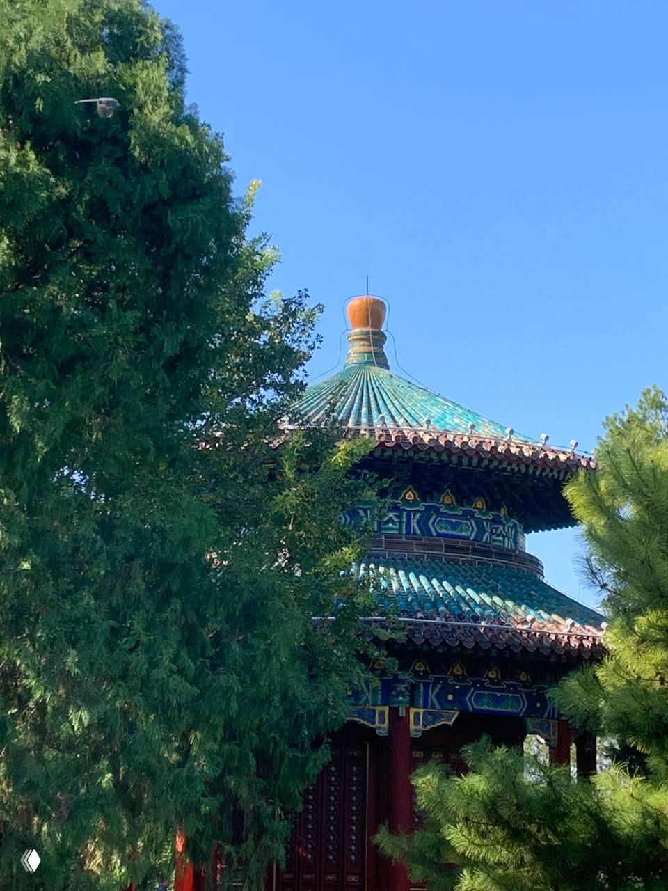 Традиционный китайский павильон в пекинском парке: расписная коническая крыша и декоративные элементы, частично скрытые кронами деревьев.