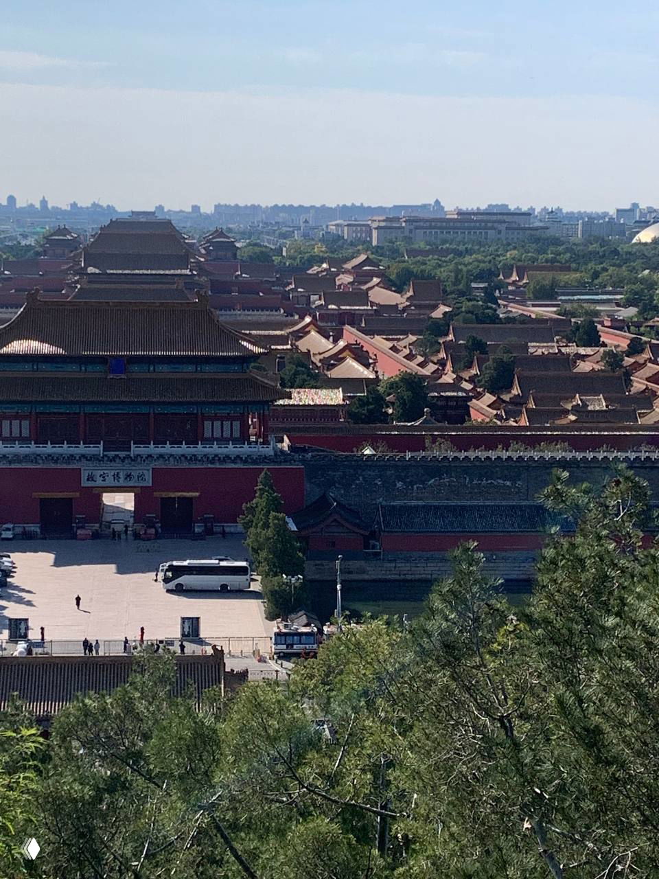 Панорамный вид с холма на Запретный город в Пекине: цепочка древних крыш и дворцовых построек под ясным небом и зеленью.