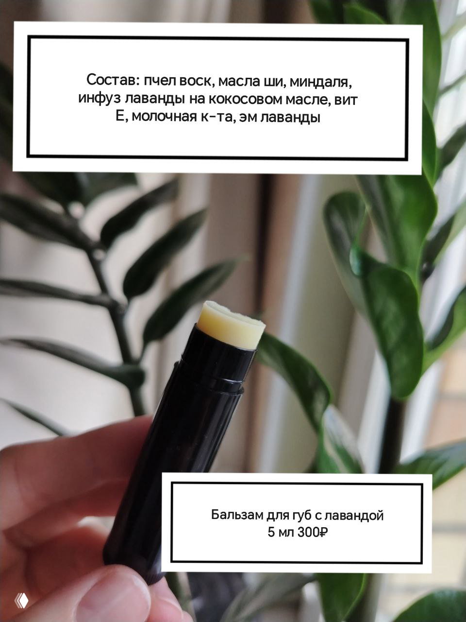 Рука держит открытый стиковый бальзам для губ на фоне растений; в рамке указан состав с лавандой и пометка 5 мл 300₽ — демонстрация продукта авторки.