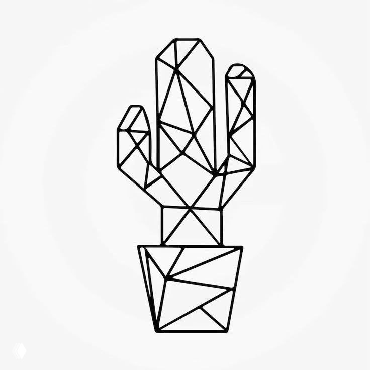 Графический контурный рисунок кактуса в горшке: геометрический чёрно‑белый эскиз, возможный вариант для печати или вышивки.