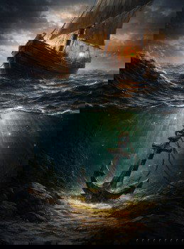 Темное художественное изображение парусника в штормовом море; под водой виден массивный якорь на дне, освещённый слабым светом, как символ опоры.