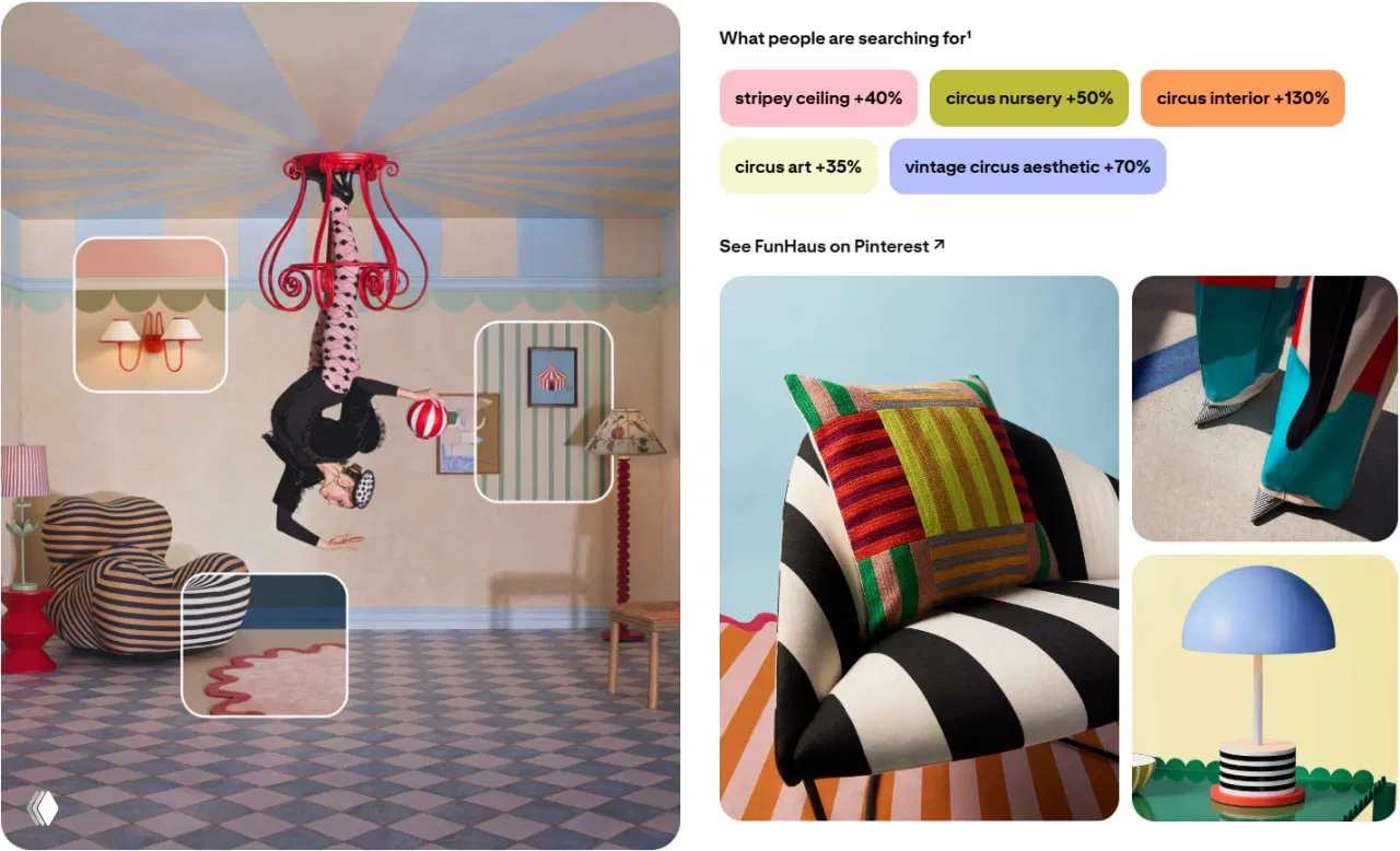 Интерьер FunHaus: яркие полосатые покрытия, цирковые мотивы в декоре детской и мебель с игровыми цветами и принтами.