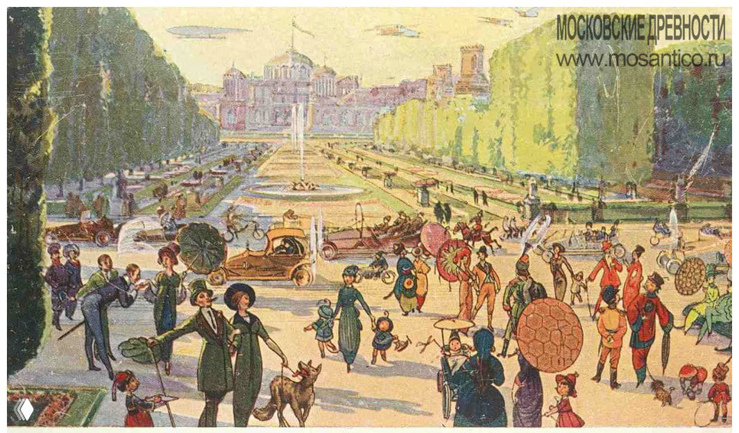 Петровский парк в представлении будущего: широкие аллеи, фонтаны, гуляющие люди и новые виды транспорта на фоне величественной архитектуры.