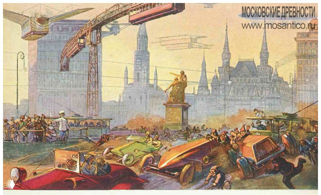 Урбанистическая сцена с памятником и активным движением: автомобили, аварийные сцены и подвесная дорога с кабинами над улицей — взгляд в будущее.