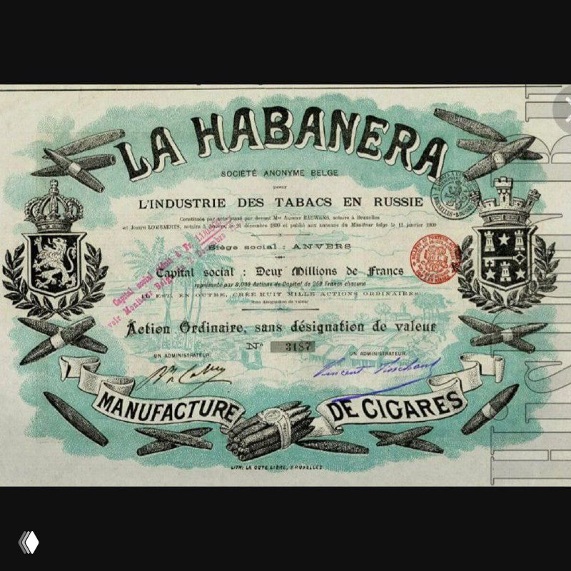 Этикетка или сертификат фабрики La Habanera: голубовато-зелёный декоративный бланк с гербами и указанием производства табака в России.