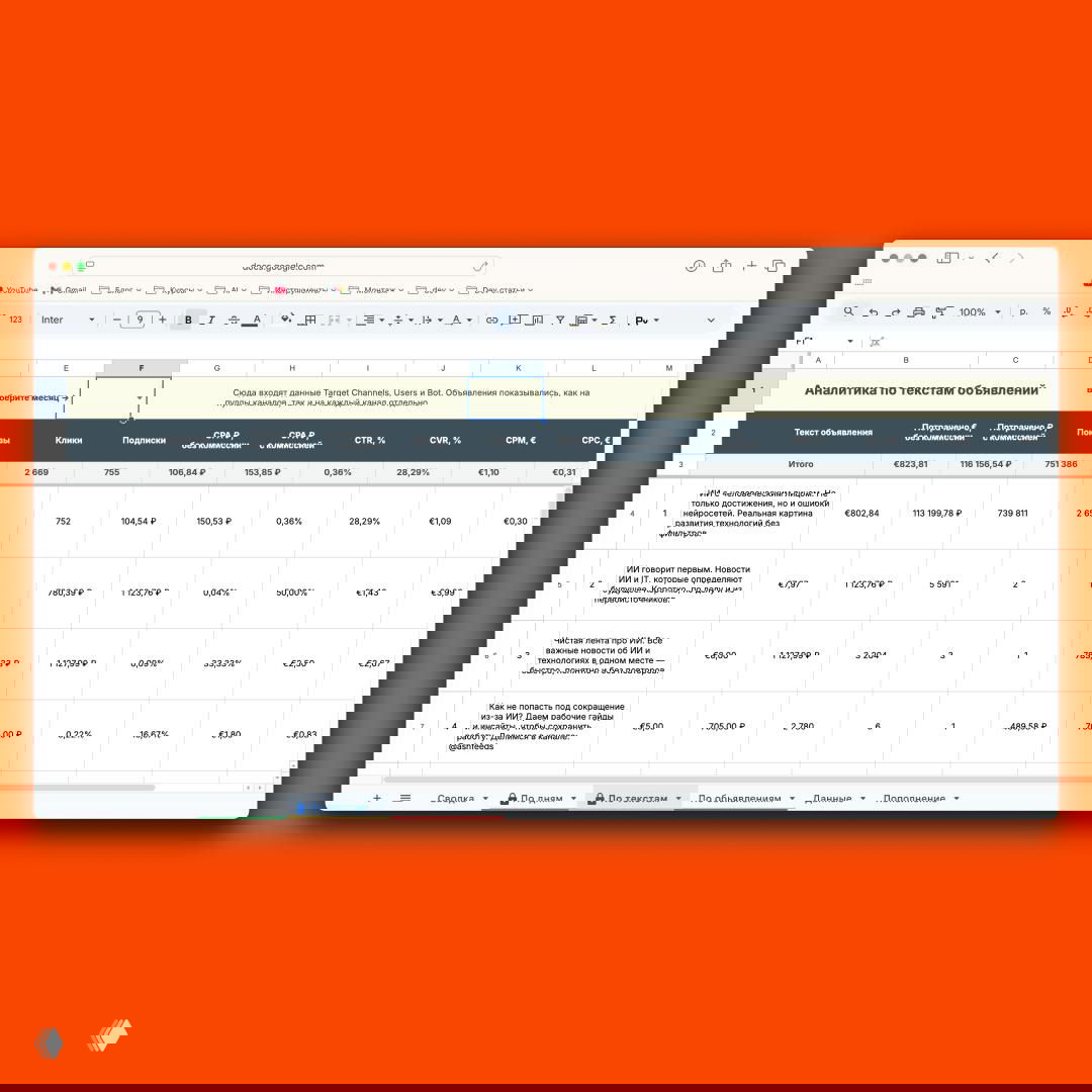 Скриншот другого листа таблицы: аналитика по текстам объявлений с колонками показов, кликов, подписок и расчётом стоимости подписчика.