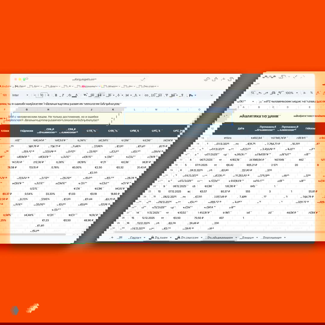 Общий вид таблицы с несколькими вкладками и сводной таблицей на оранжевом фоне — интерфейс с метриками и фильтрами для управления трафиком.
