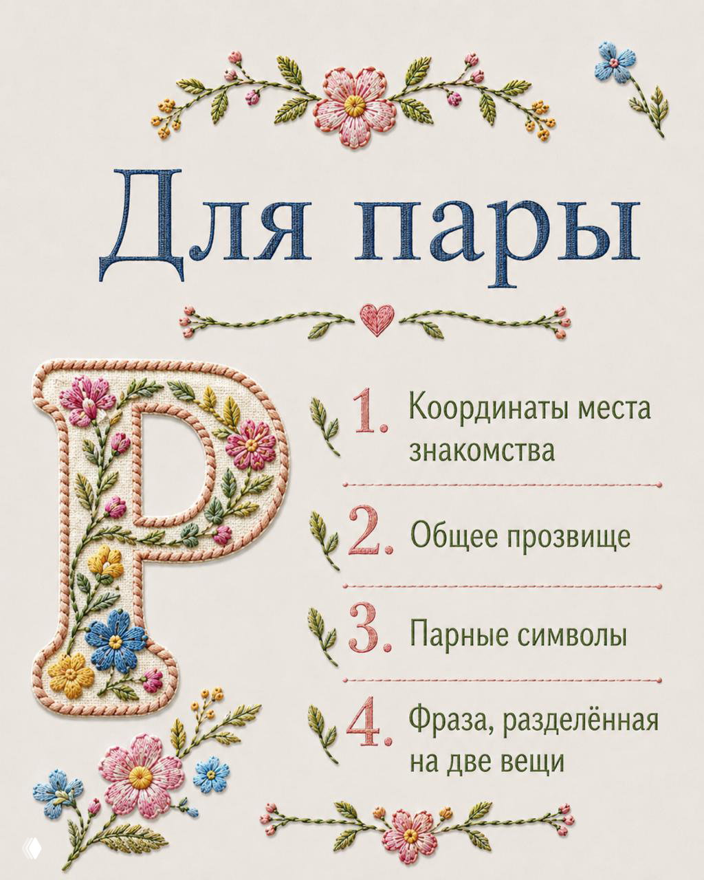 Декоративная композиция для парной вышивки: вышитая надпись «Для пары», цветочные орнаменты и пронумерованный список идей на светлом фоне.