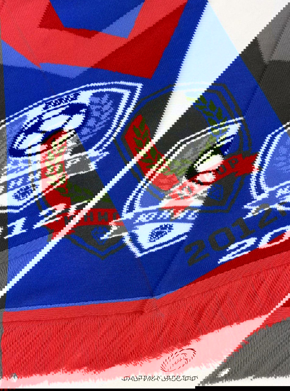 Детальный кадр эмблемы с футбольным мячом, лавровыми ветвями и красной лентой с надписью «Юниор» на вязаном полотне синего цвета.