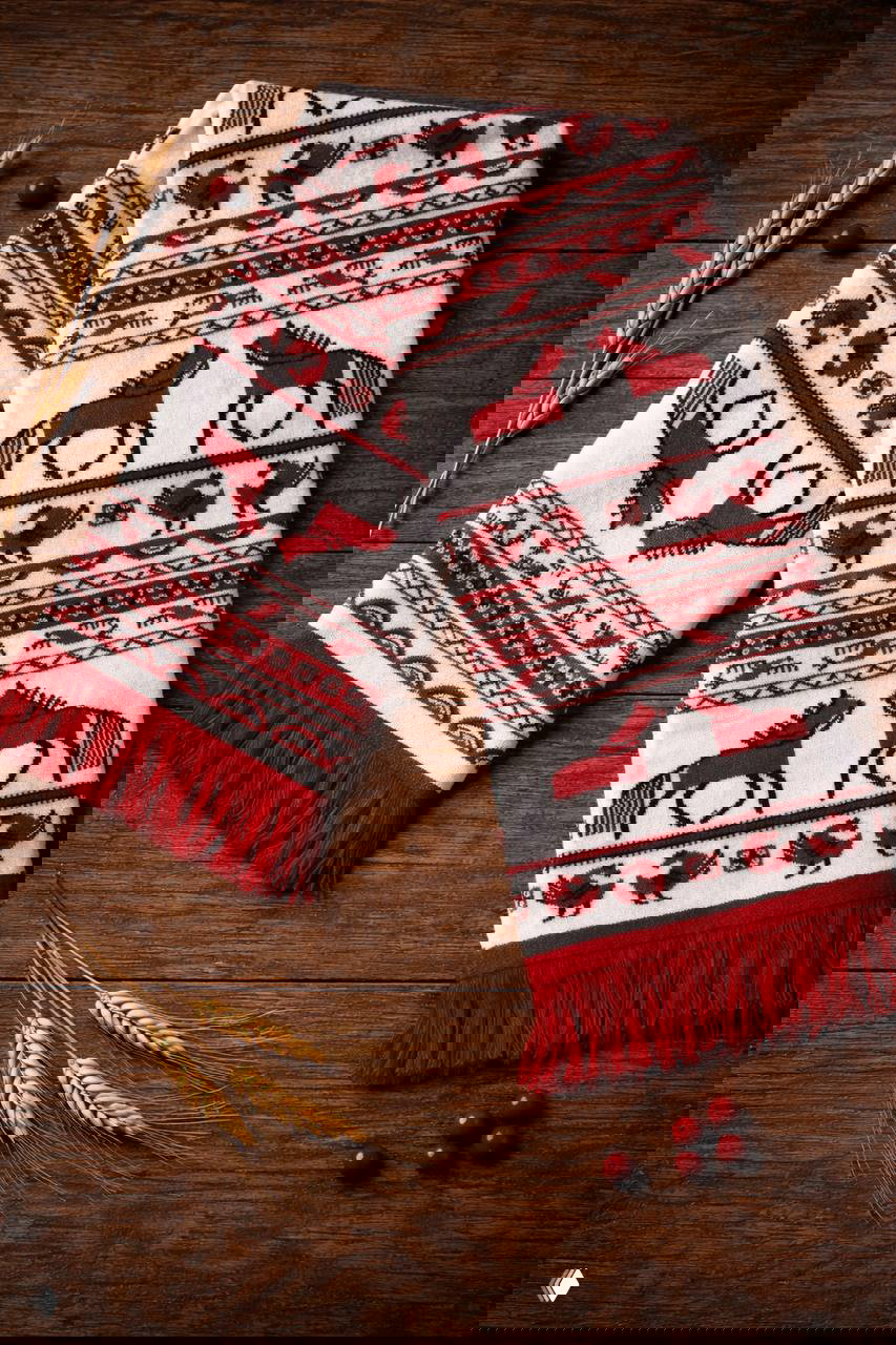 Вязаный шарф в русско‑народном стиле с повторяющимся узором мезенских коней и птиц, красно‑белая палитра и бахрома по краю, на деревянном фоне.