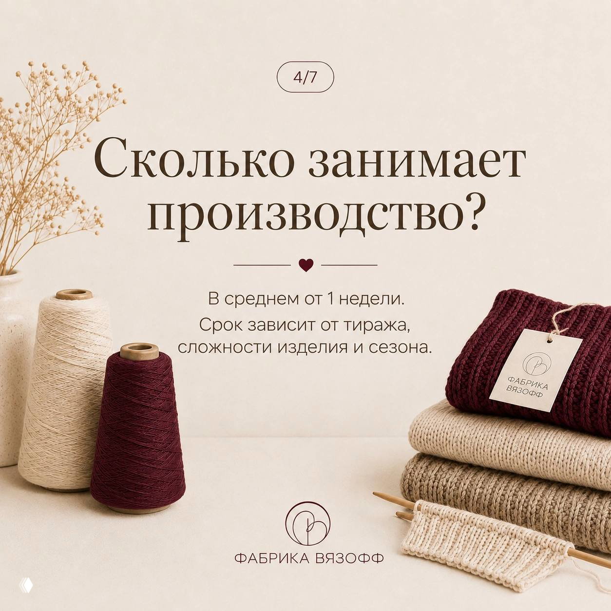 Катушки пряжи и сложенные вязаные изделия рядом с образцом вязки и бордовым комплектом — иллюстрация этапов и сроков производства мерча.
