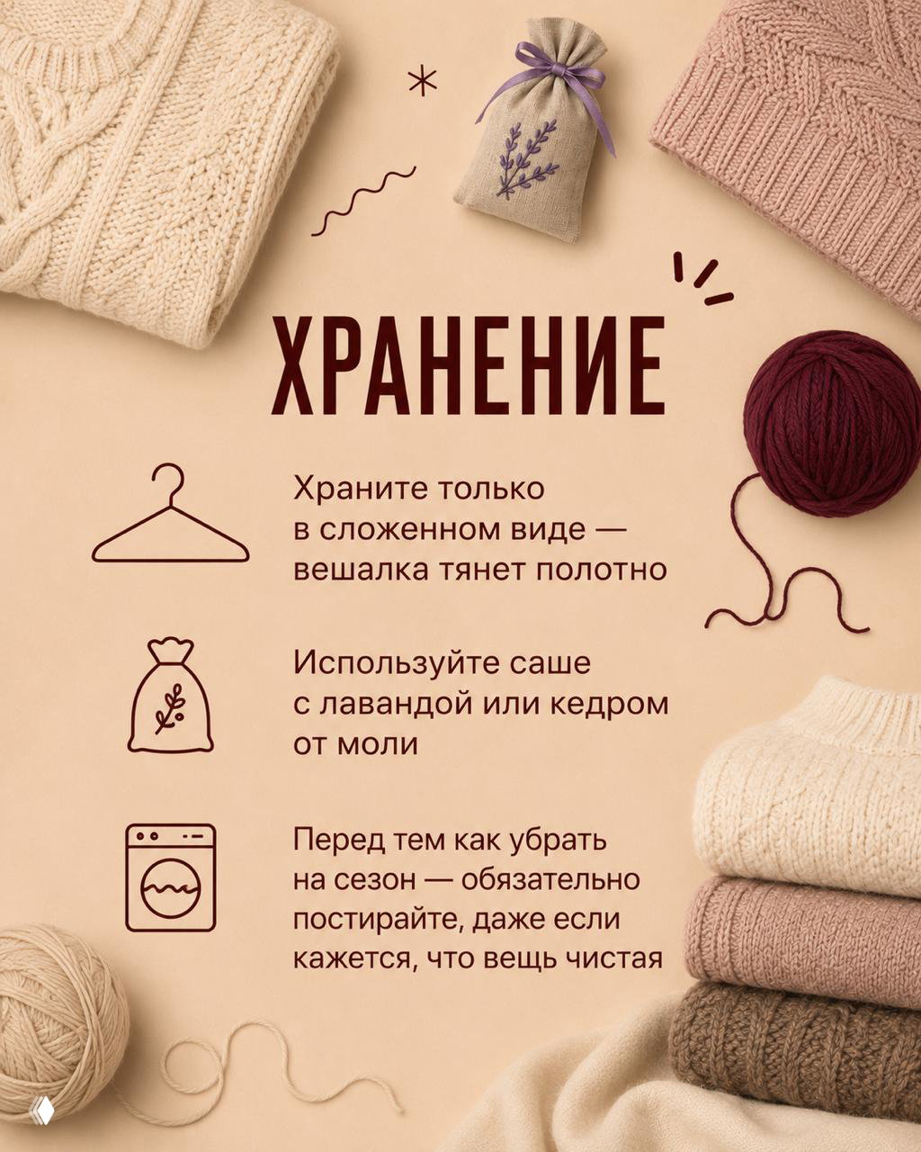 Плакат с заголовком «ХРАНЕНИЕ»: стопка сложенных свитеров, мешочки с лавандой и иконки стиральной машины — советы по хранению в сложенном виде и профилактике моли.