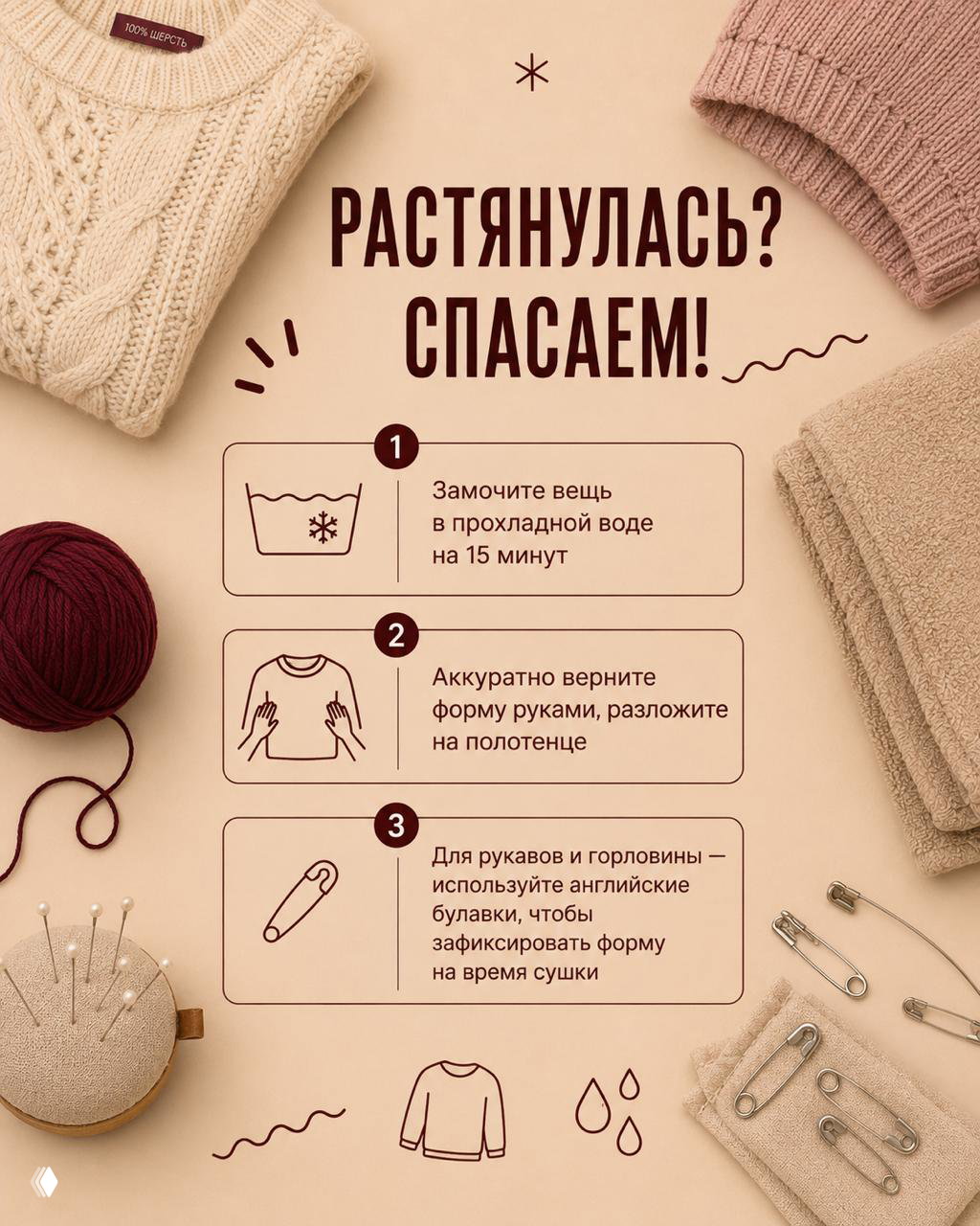 Плакат с заголовком «РАСТЯНУЛАСЬ? СПАСАЕМ!»: три пронумерованных шага с иконками — замачивание, восстановление формы руками и фиксация английскими булавками.