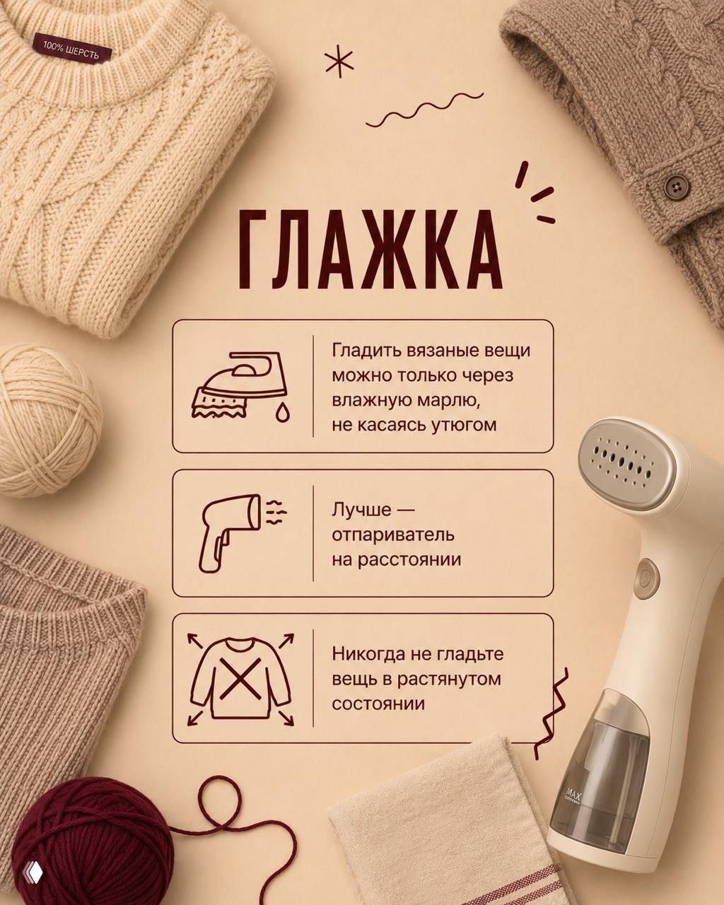 Плакат с заголовком «ГЛАЖКА»: свитер, отпариватель и иконки — глажка через влажную марлю, лучше отпариватель, не гладить в растянутом состоянии.