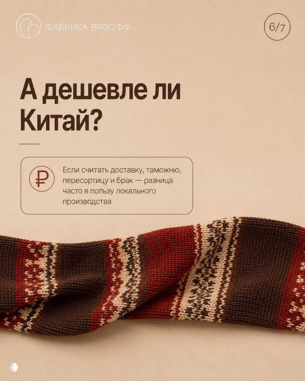Слайд с вопросом «А дешевле ли Китай?» и фрагментом вязаного шарфа; визуал поддерживает тезис о стоимости с учётом доставки и брака.