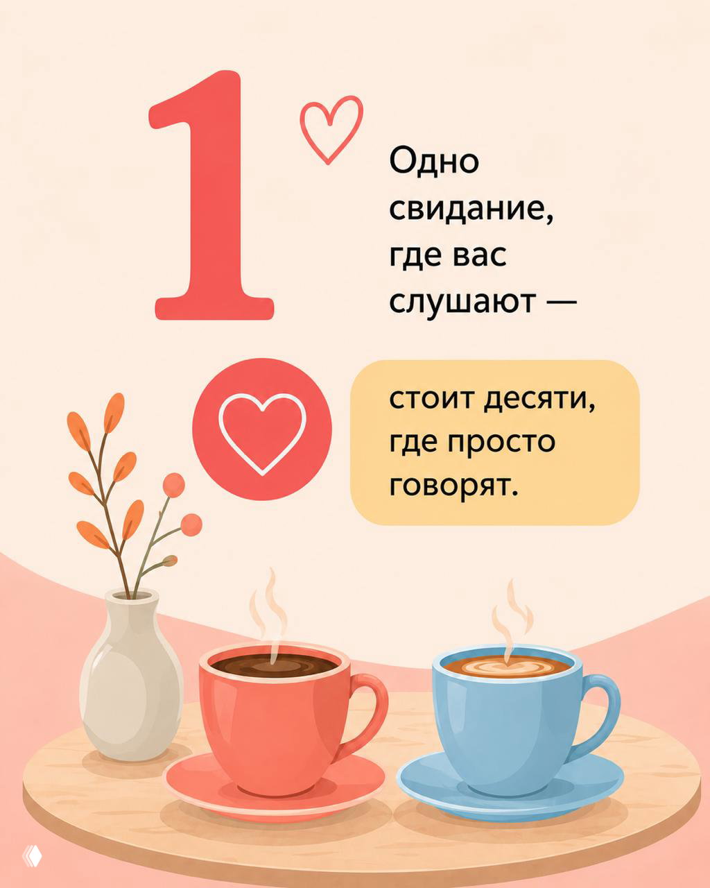 Иллюстрация с двумя чашками кофе и подписью про одно свидание, где слушают — мягкая графика, символ тёплого общения и внимательности.