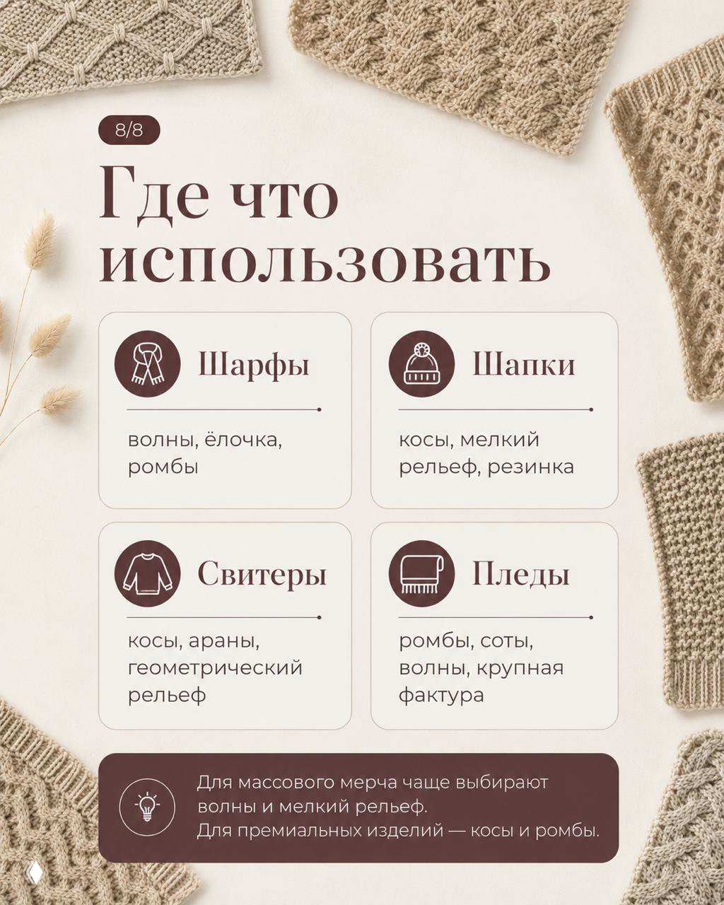Инфографика применения узоров: блоки для шарфов, шапок, свитеров и пледов с рекомендациями по выбору волны, ромба или кос.