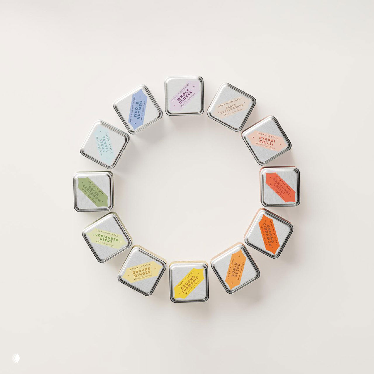 Вид сверху на ряд маленьких квадратных металлических баночек Spice Dept, выложенных кольцом на светлом фоне, акцент на форму и цвета.