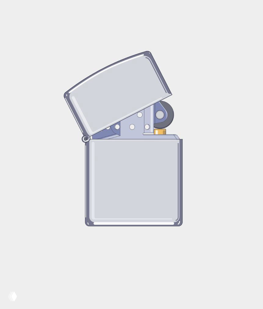 Иллюстрация зажигалки Zippo с открытой крышкой: вид корпуса, колесика и механизма запальника в упрощенной графике.